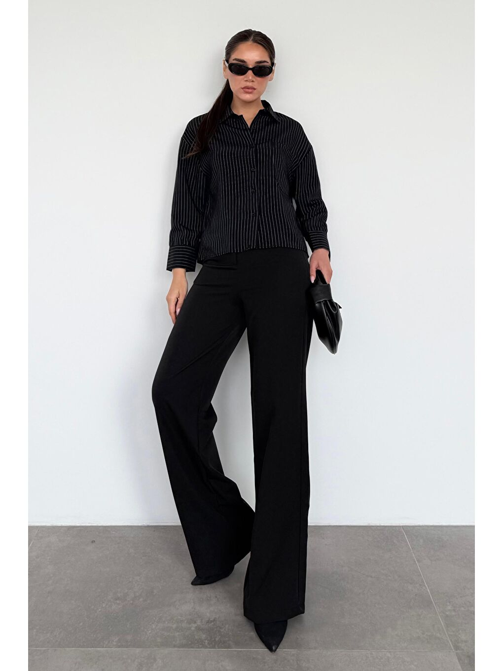 Siyah Çizgili Oversize Kadın Gömlek Mg2093-1