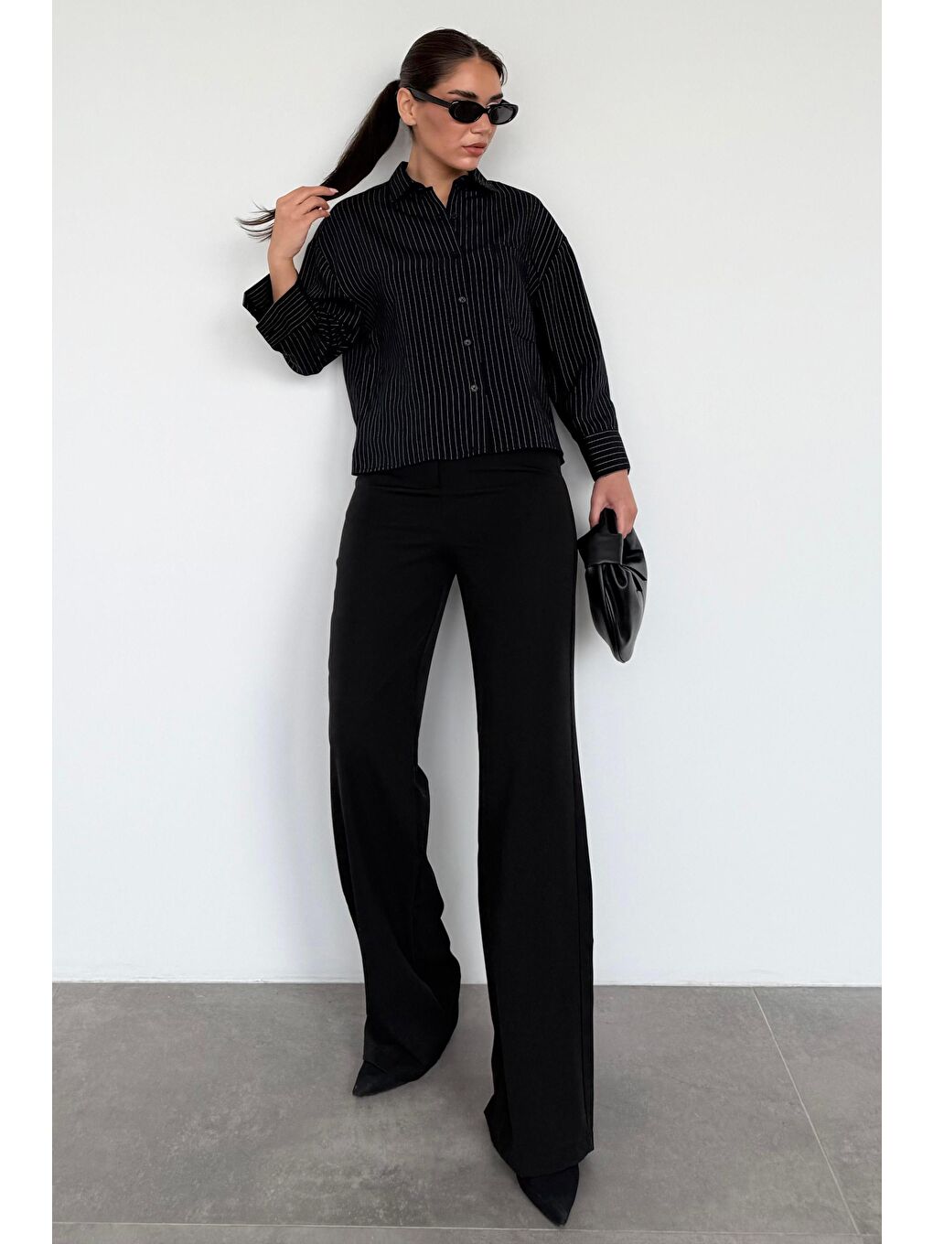 Siyah Çizgili Oversize Kadın Gömlek Mg2093-3