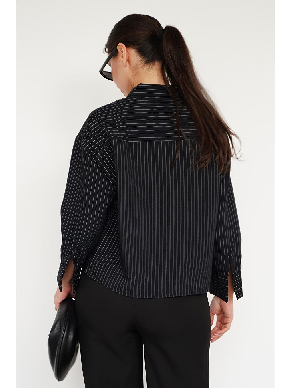 Siyah Çizgili Oversize Kadın Gömlek Mg2093-4