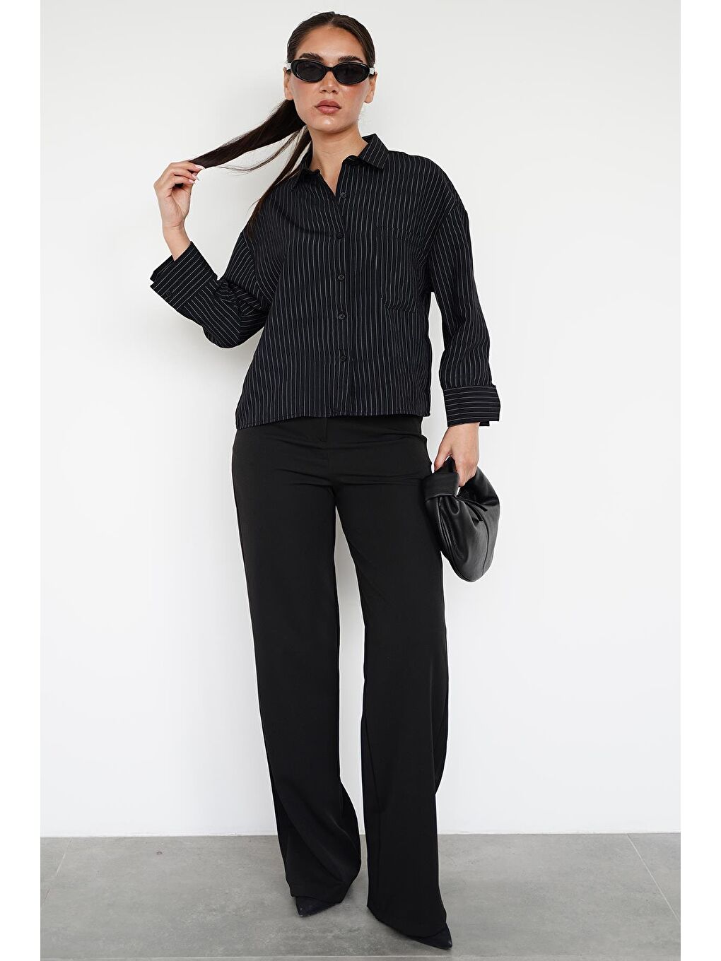 Siyah Çizgili Oversize Kadın Gömlek Mg2093-5