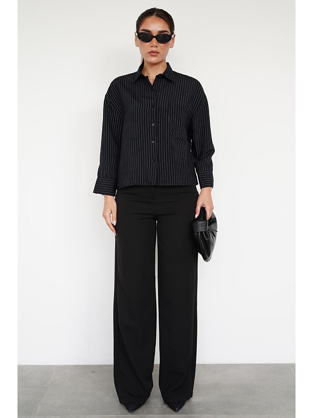 Siyah Çizgili Oversize Kadın Gömlek Mg2093-6