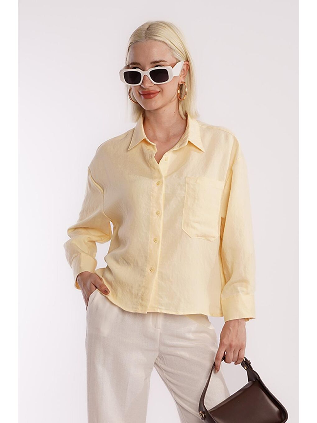 Sarı Çizgili Oversize Kadın Gömlek Mg2093