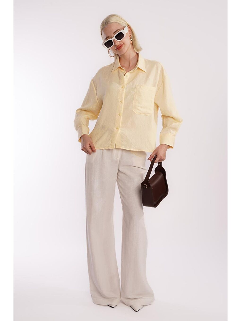 Sarı Çizgili Oversize Kadın Gömlek Mg2093-1