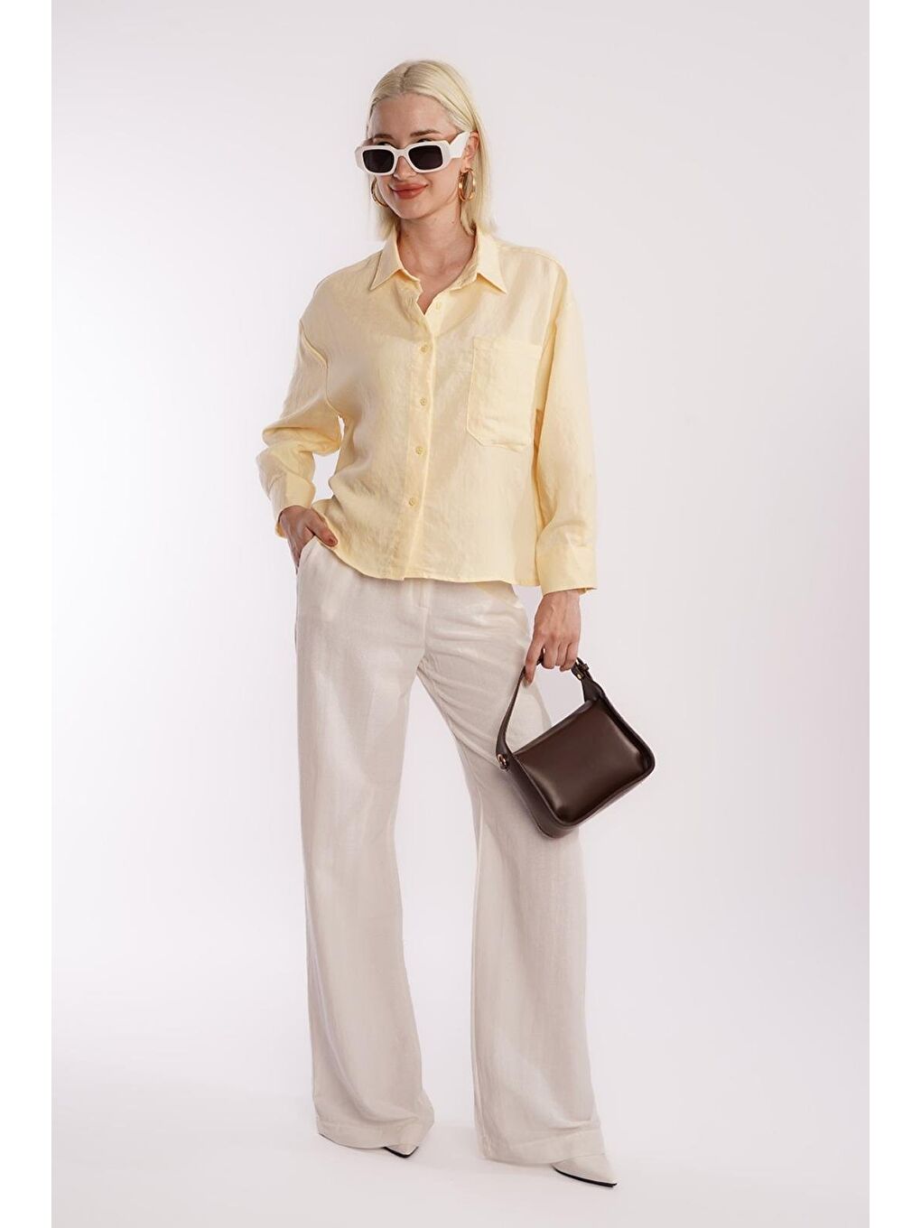 Sarı Çizgili Oversize Kadın Gömlek Mg2093-3