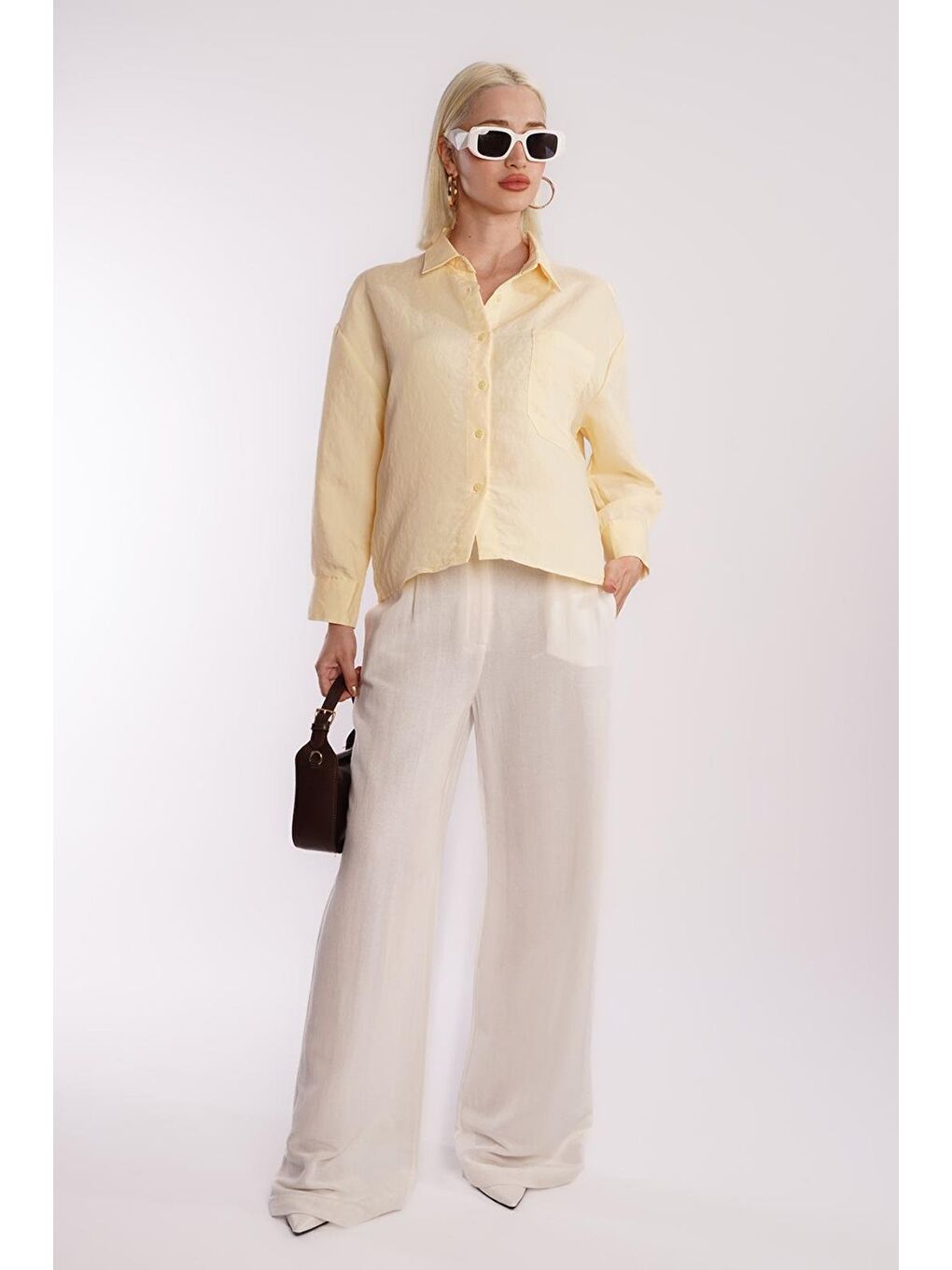 Sarı Çizgili Oversize Kadın Gömlek Mg2093-4