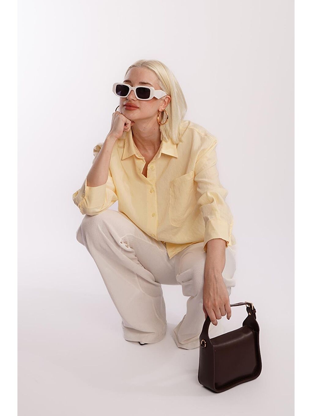 Sarı Çizgili Oversize Kadın Gömlek Mg2093-5