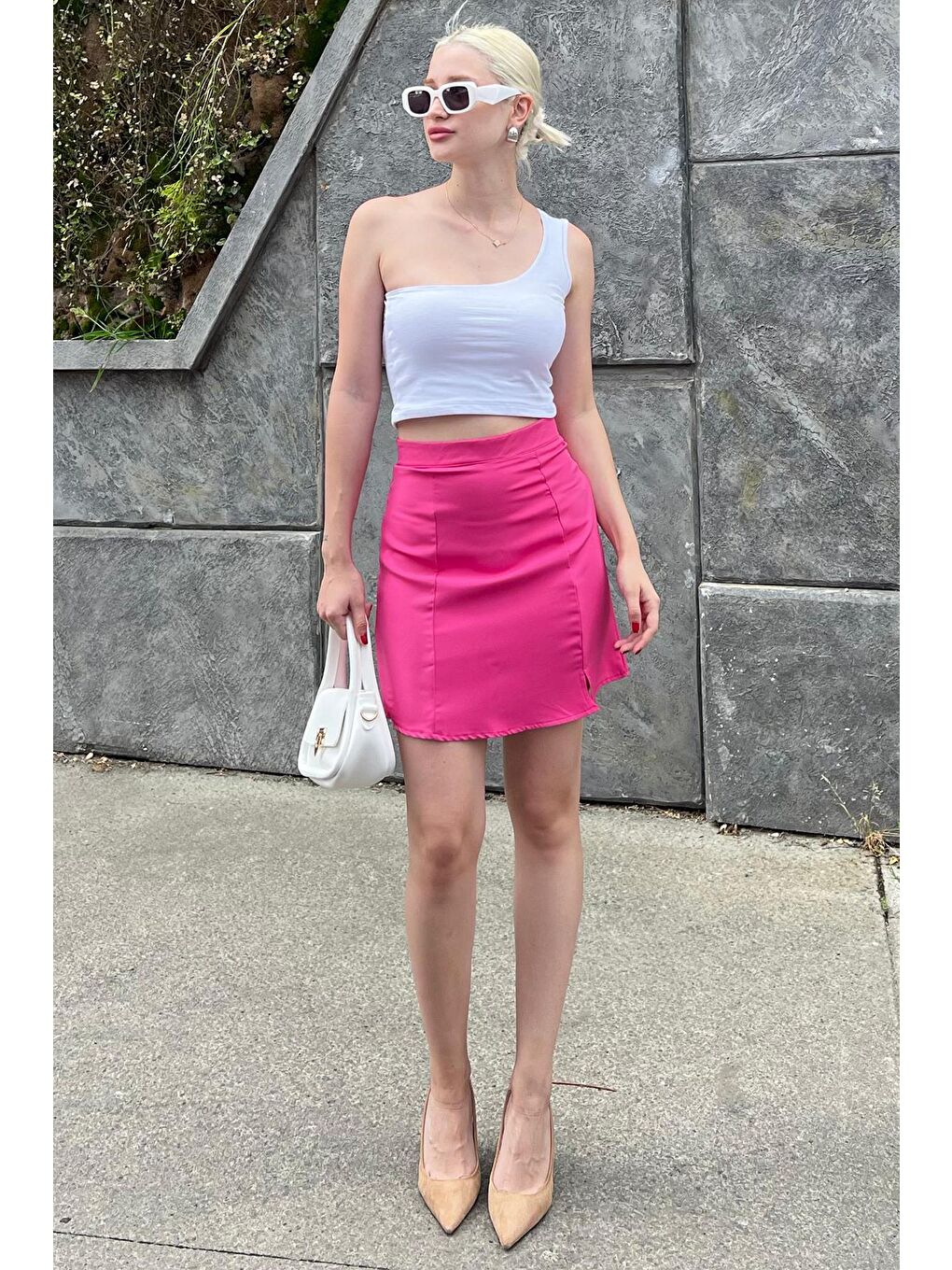 Lila Pembe Yüksek Bel Önden Yırtmaçlı Kısa Etek Mg2086