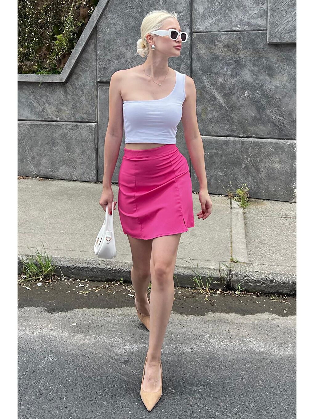 Lila Pembe Yüksek Bel Önden Yırtmaçlı Kısa Etek Mg2086-2