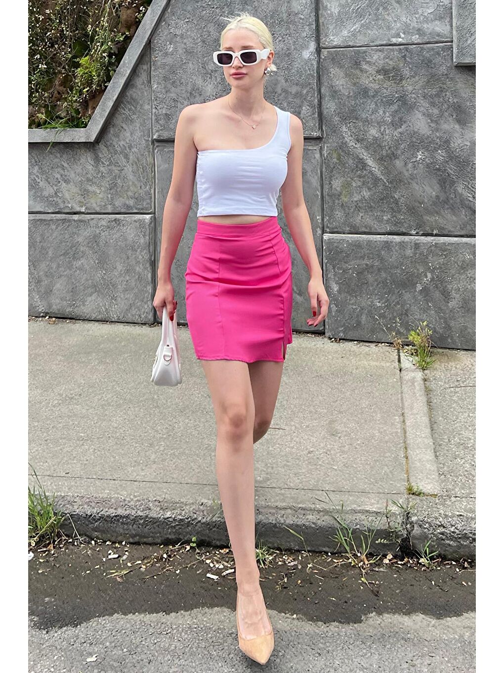 Lila Pembe Yüksek Bel Önden Yırtmaçlı Kısa Etek Mg2086-3