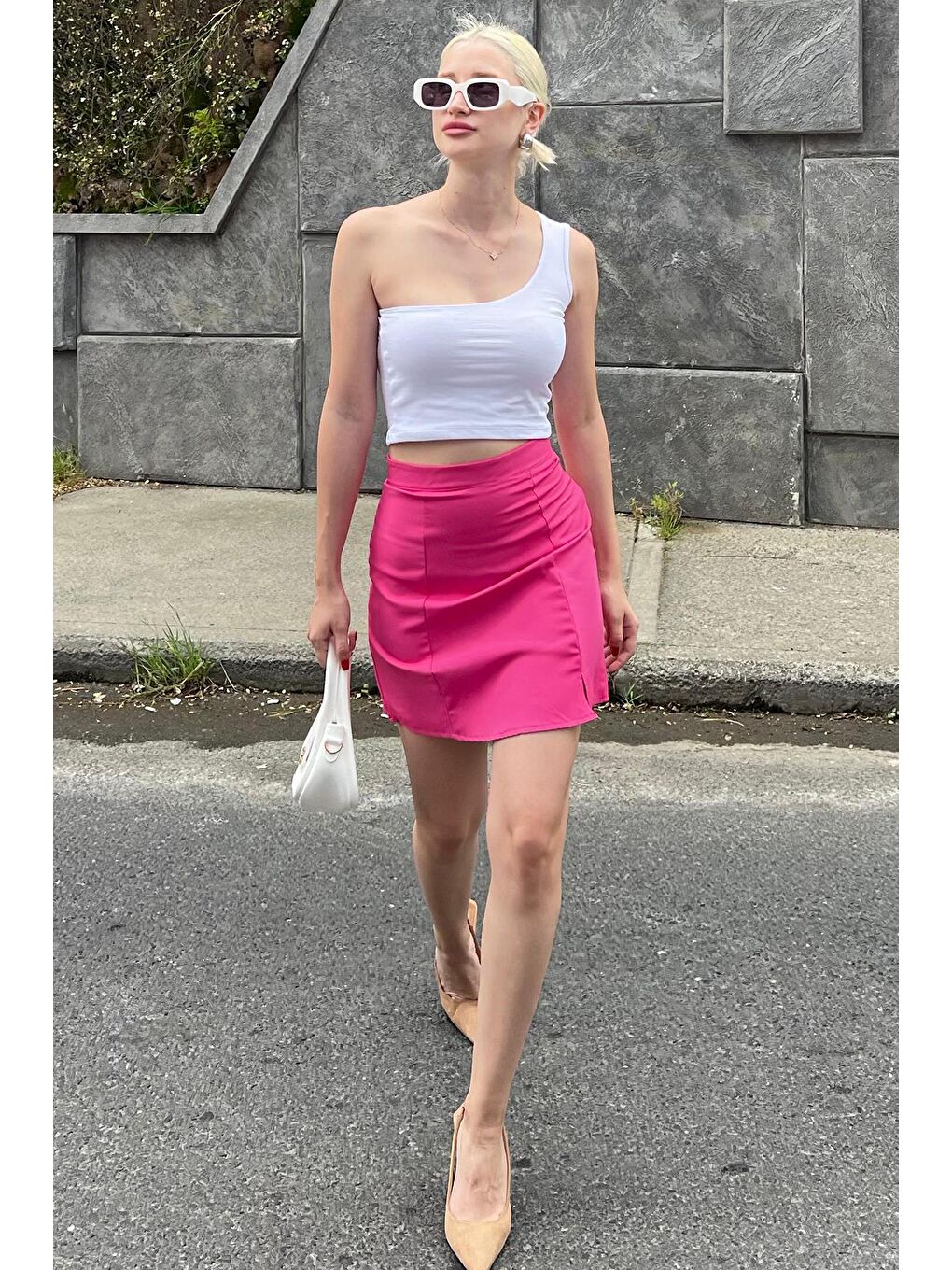 Lila Pembe Yüksek Bel Önden Yırtmaçlı Kısa Etek Mg2086-5