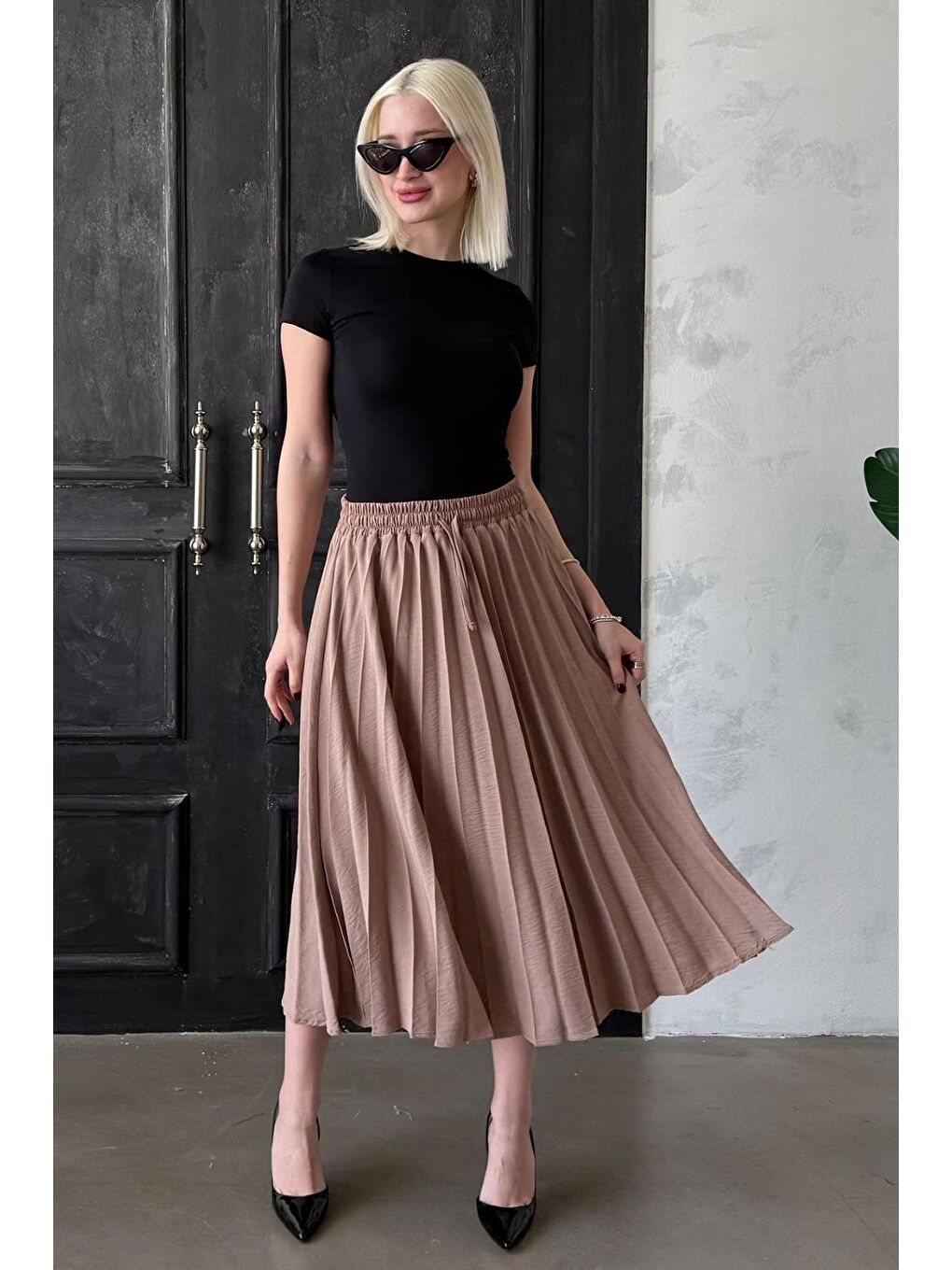 Bej Camel Pileli Midi Boy Kadın Etek Mg2393