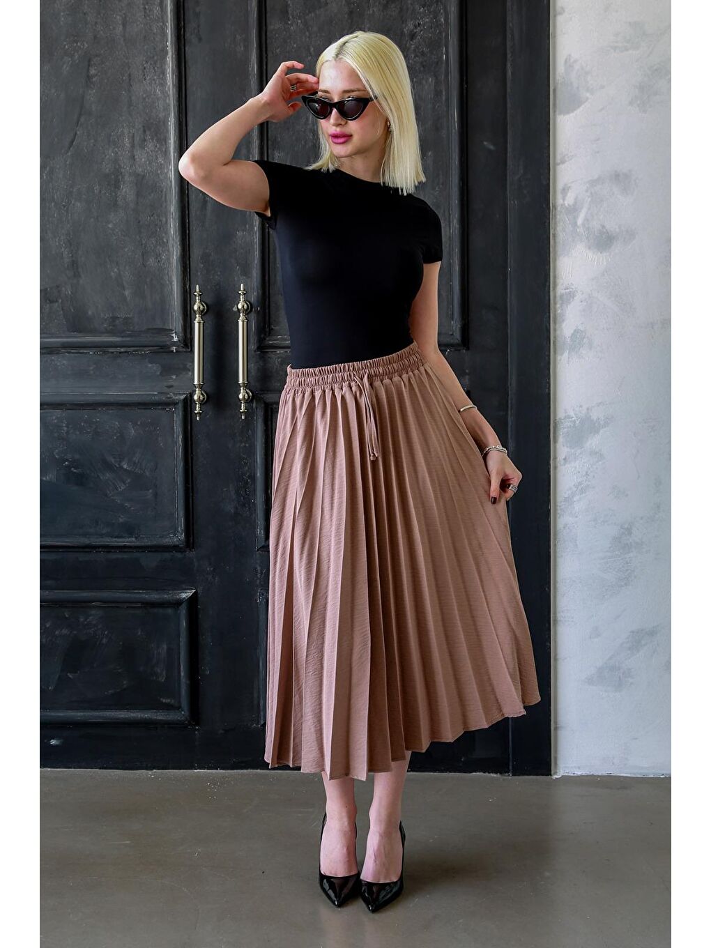 Bej Camel Pileli Midi Boy Kadın Etek Mg2393-1