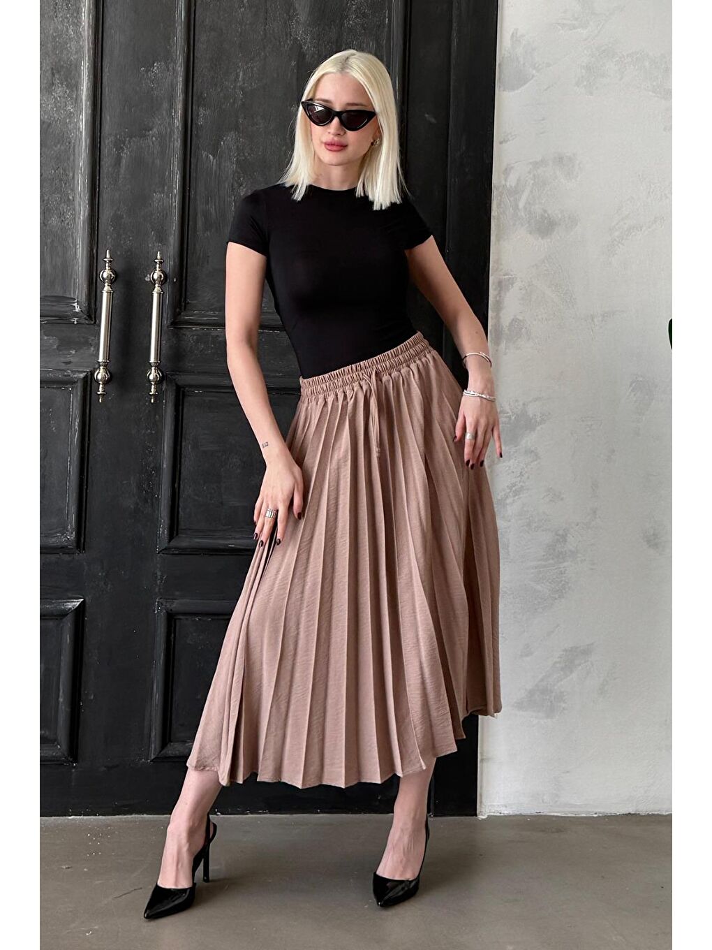 Bej Camel Pileli Midi Boy Kadın Etek Mg2393-2