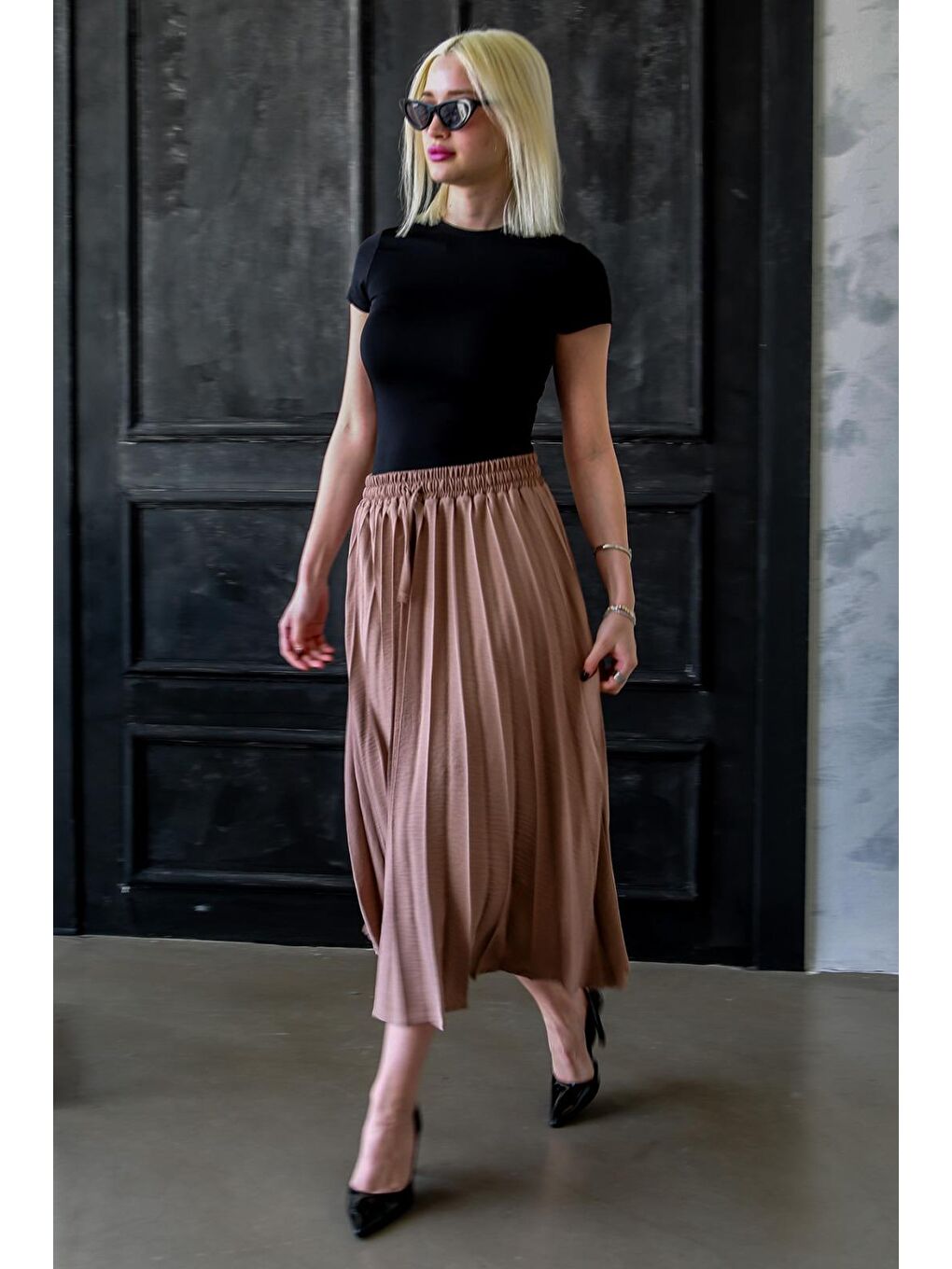 Bej Camel Pileli Midi Boy Kadın Etek Mg2393-3