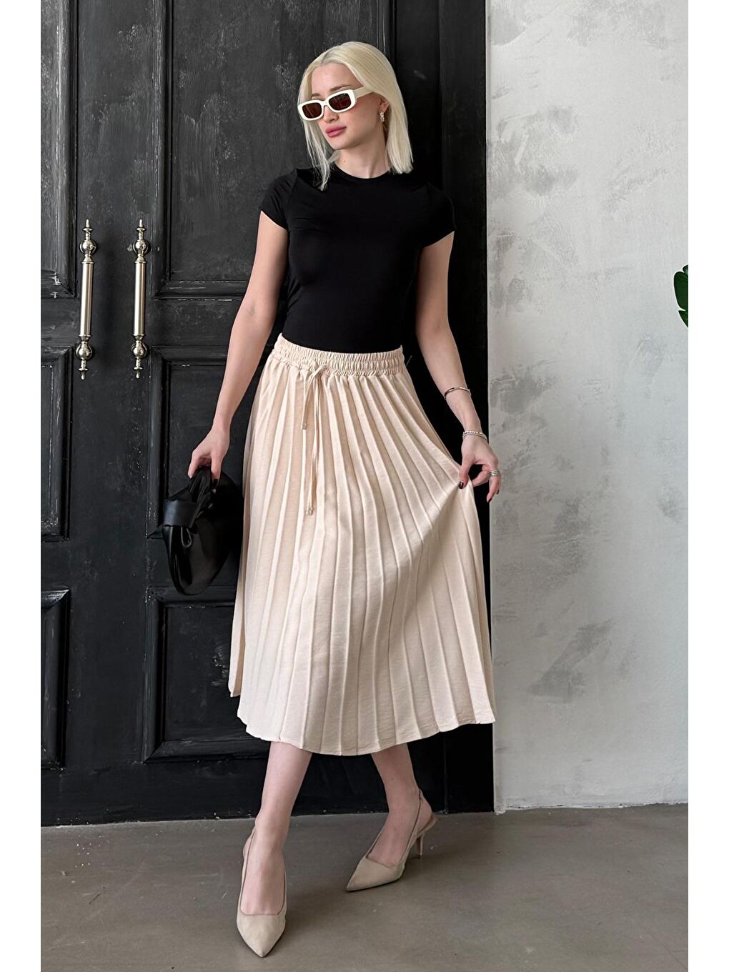 Bej Pileli Midi Boy Kadın Etek Mg2393