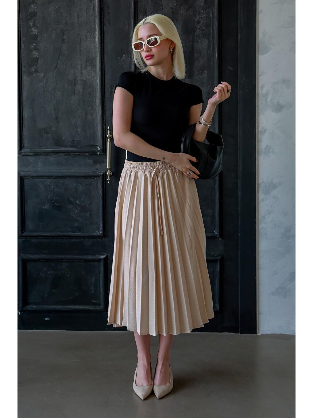 Bej Pileli Midi Boy Kadın Etek Mg2393-1