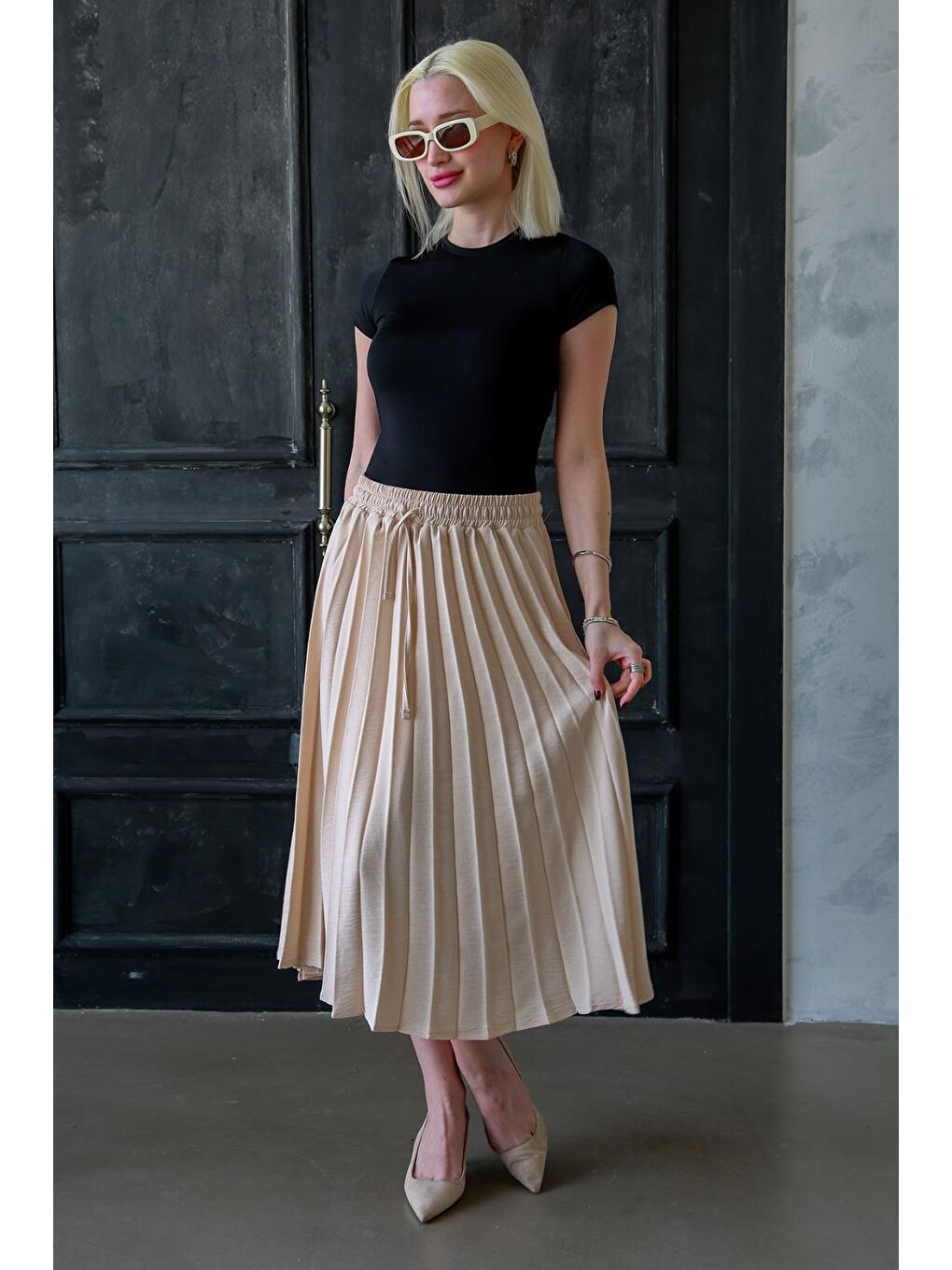 Bej Pileli Midi Boy Kadın Etek Mg2393-3
