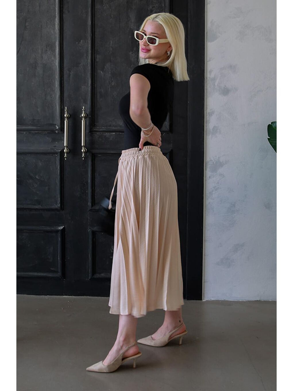 Bej Pileli Midi Boy Kadın Etek Mg2393-4