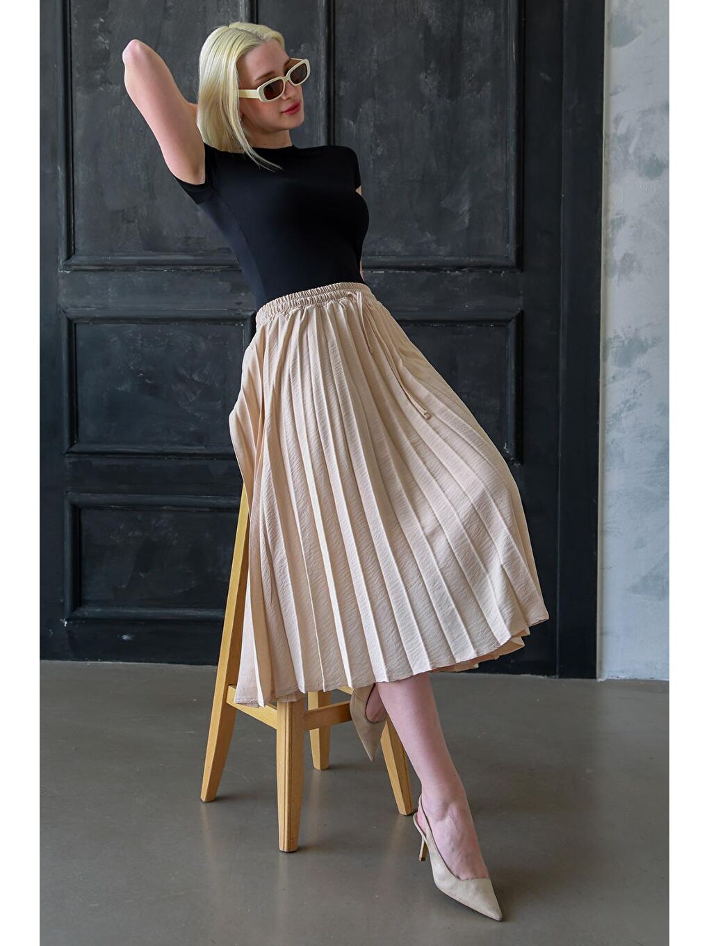 Bej Pileli Midi Boy Kadın Etek Mg2393-5