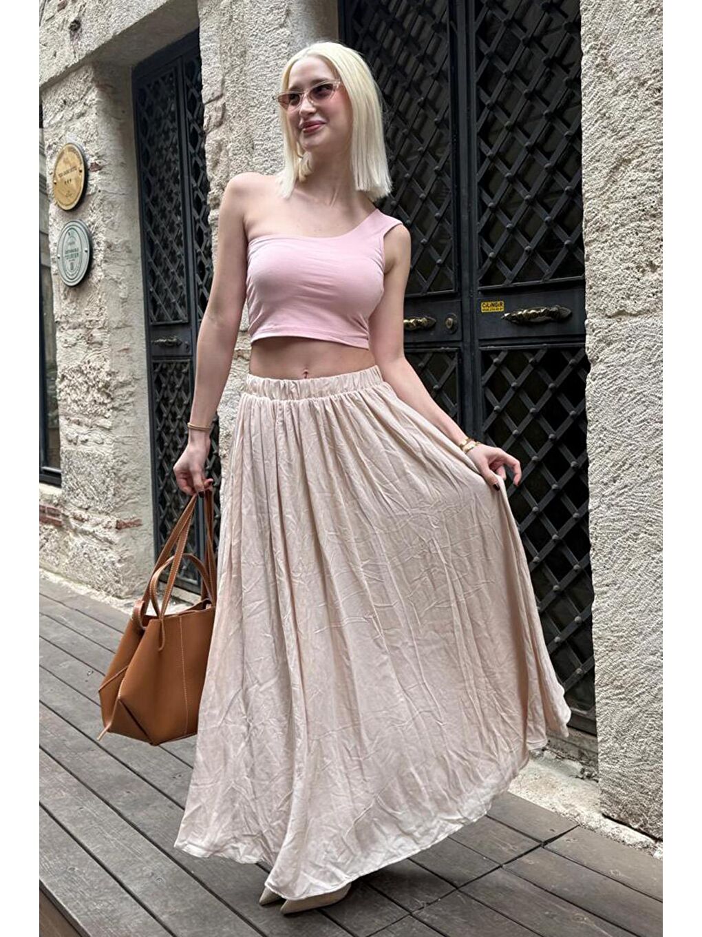 Bej Vual Kumaş Basic Kadın Uzun Boy Kadın Etek Mg2366