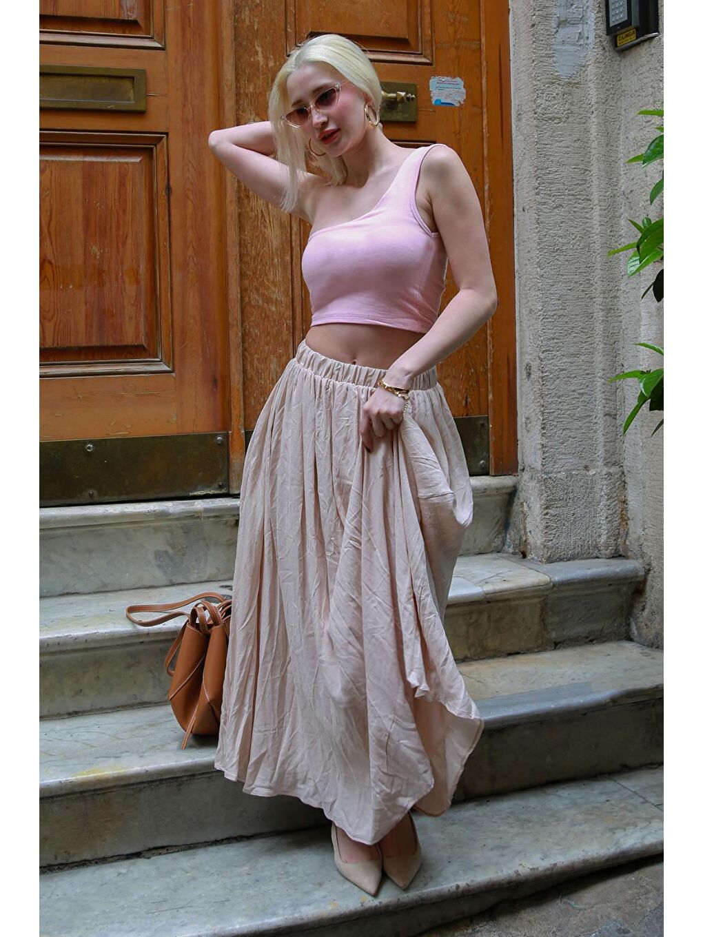 Bej Vual Kumaş Basic Kadın Uzun Boy Kadın Etek Mg2366-1