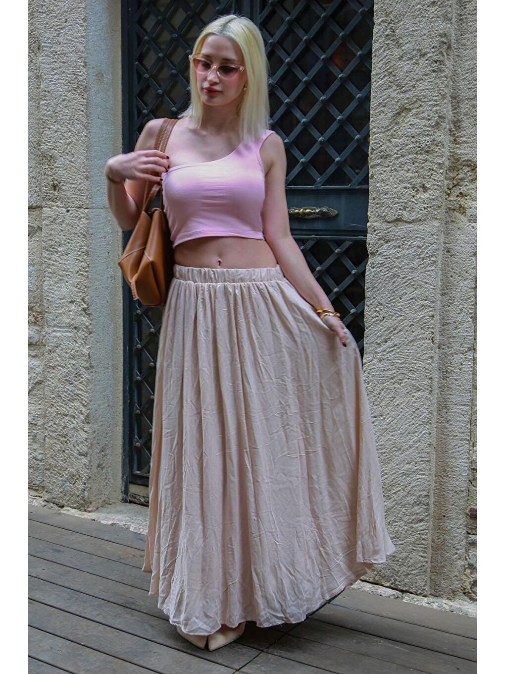 Bej Vual Kumaş Basic Kadın Uzun Boy Kadın Etek Mg2366-3