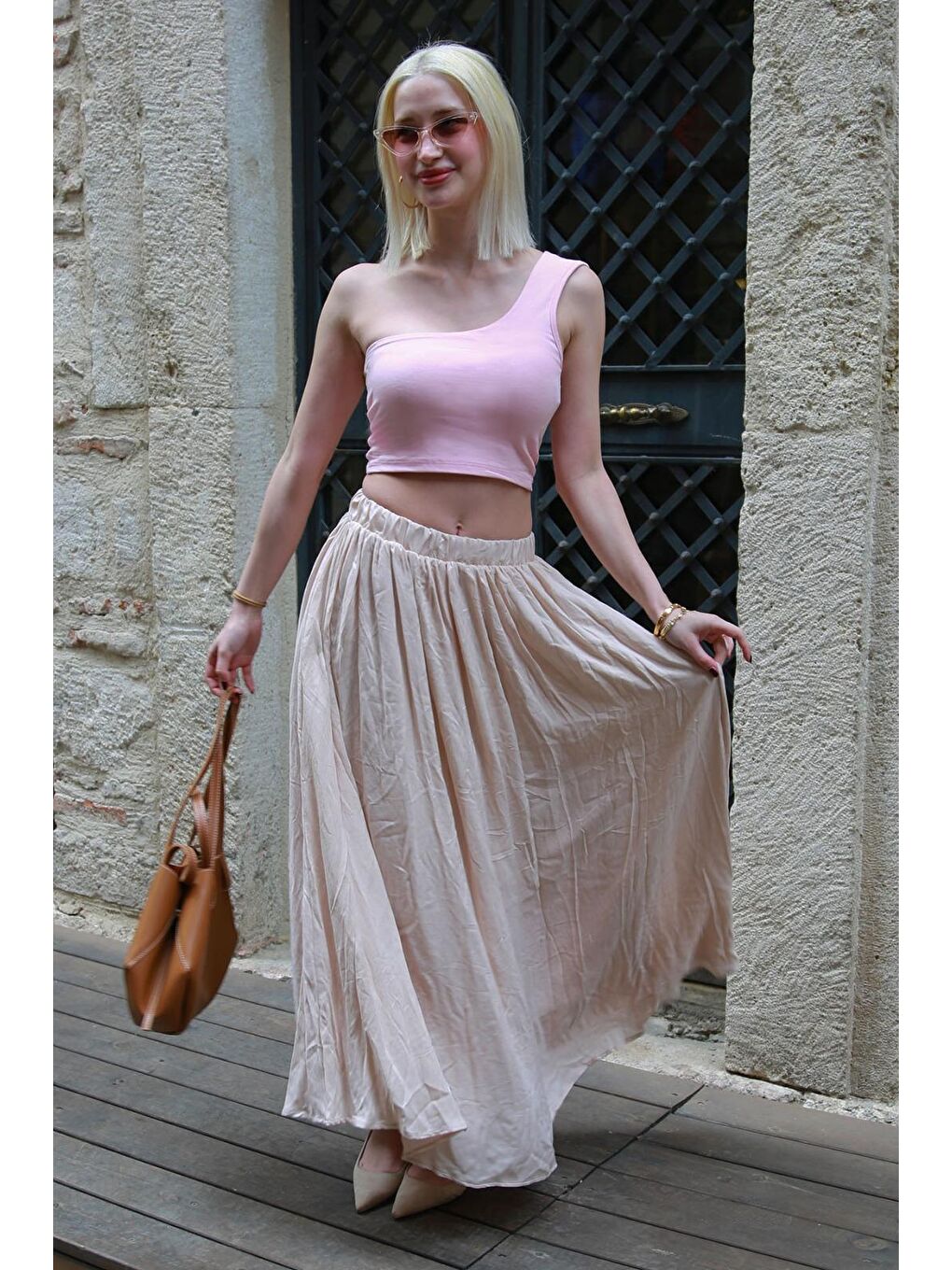 Bej Vual Kumaş Basic Kadın Uzun Boy Kadın Etek Mg2366-4