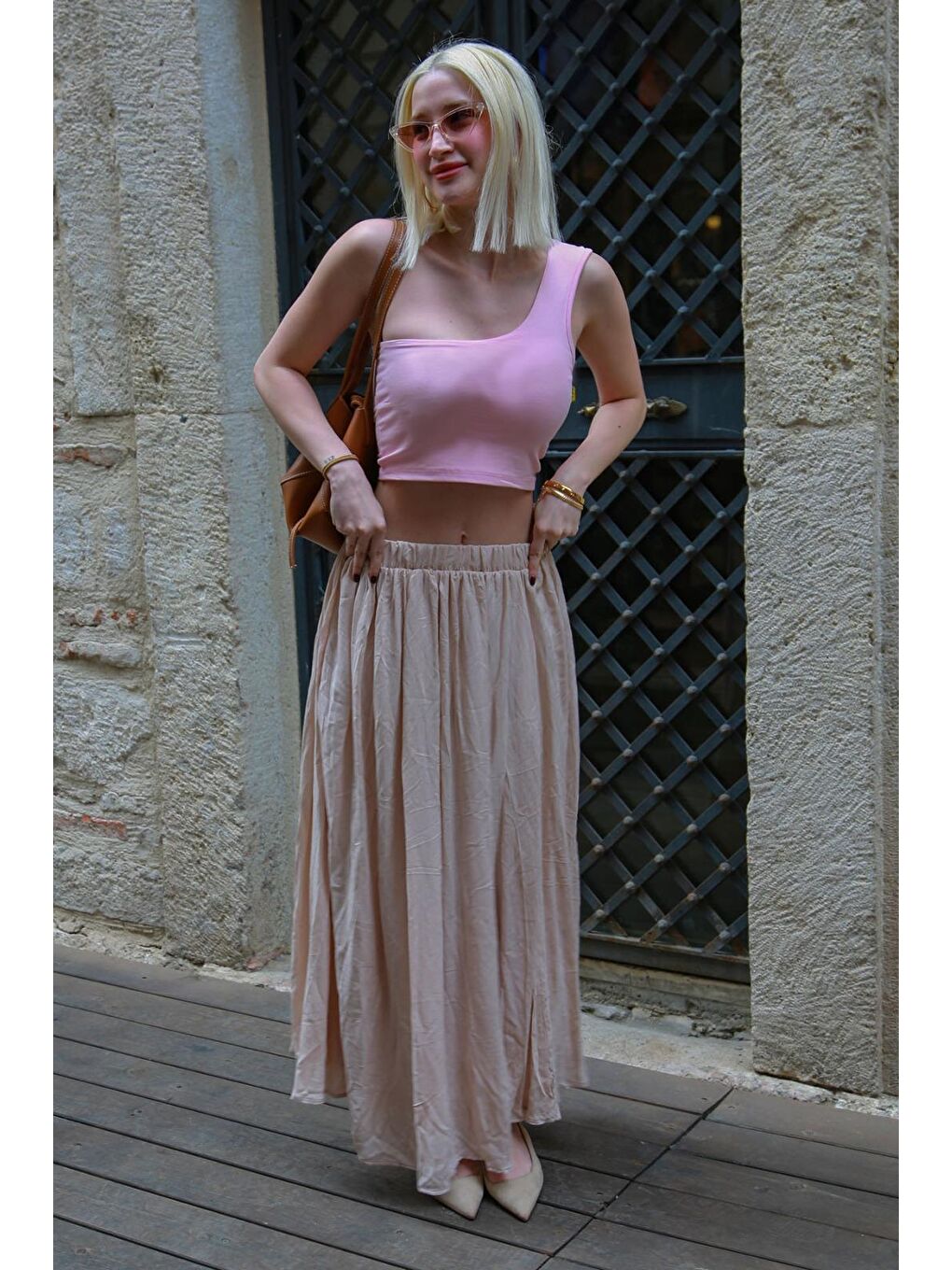 Bej Vual Kumaş Basic Kadın Uzun Boy Kadın Etek Mg2366-5