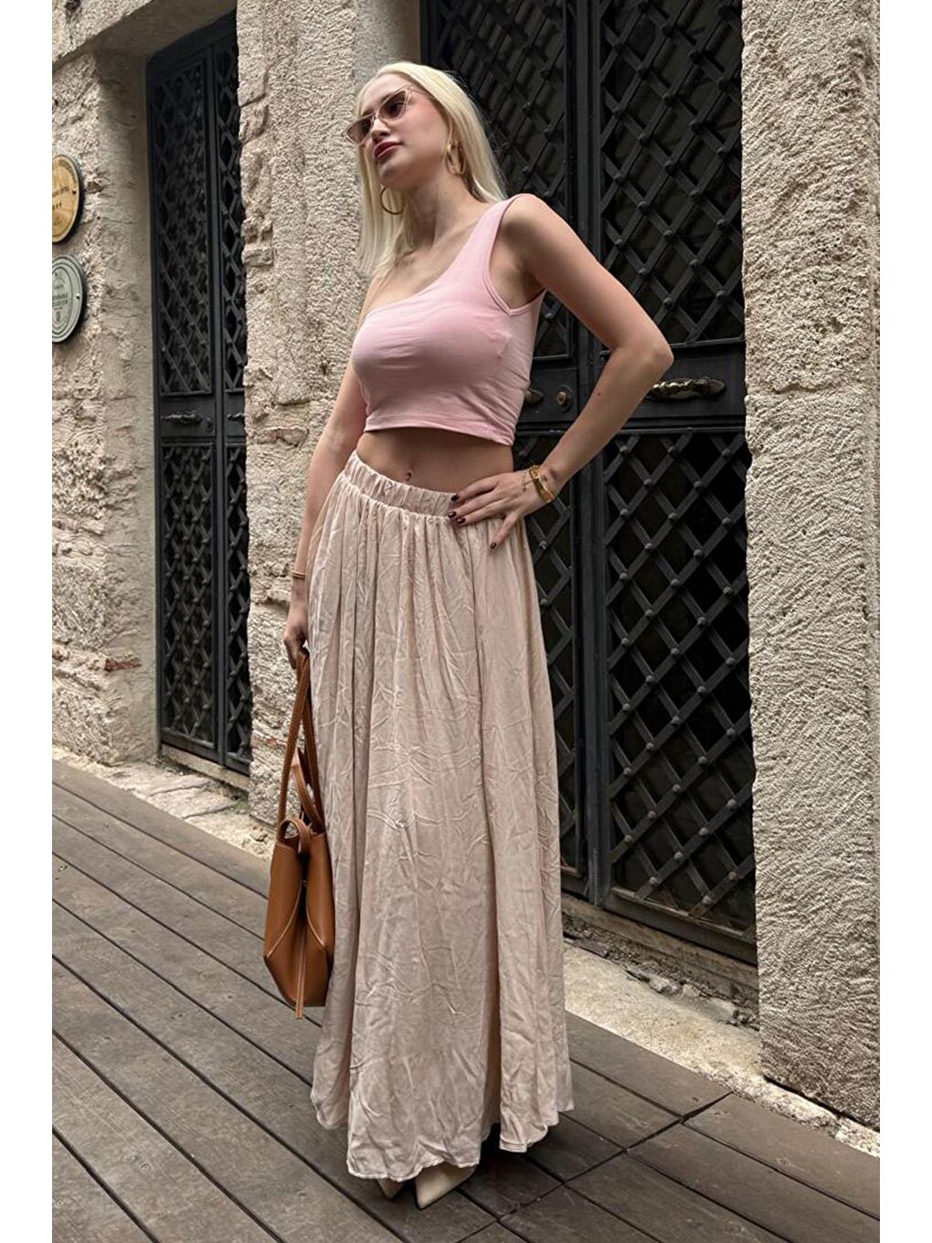 Bej Vual Kumaş Basic Kadın Uzun Boy Kadın Etek Mg2366-6