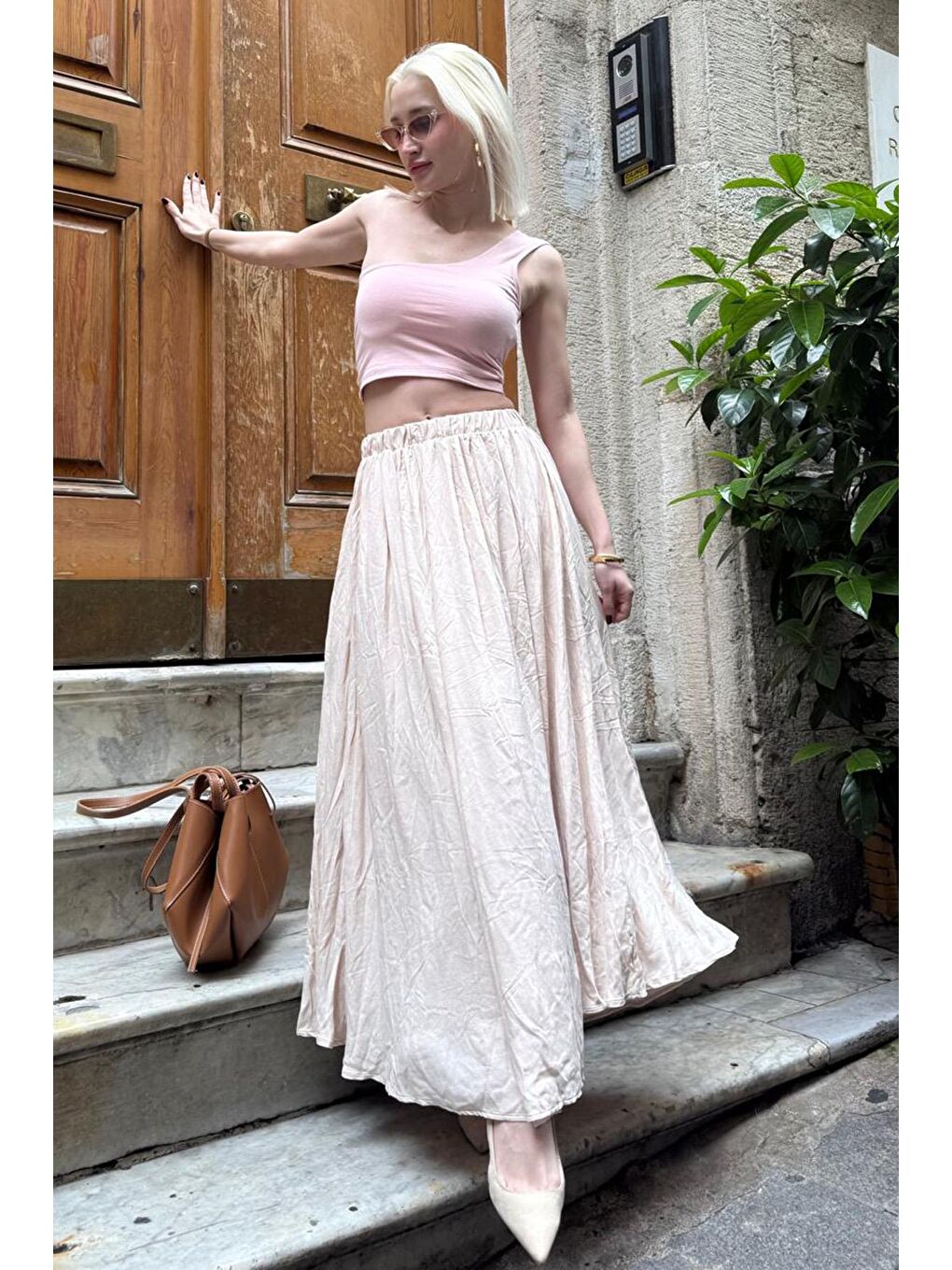 Bej Vual Kumaş Basic Kadın Uzun Boy Kadın Etek Mg2366-7