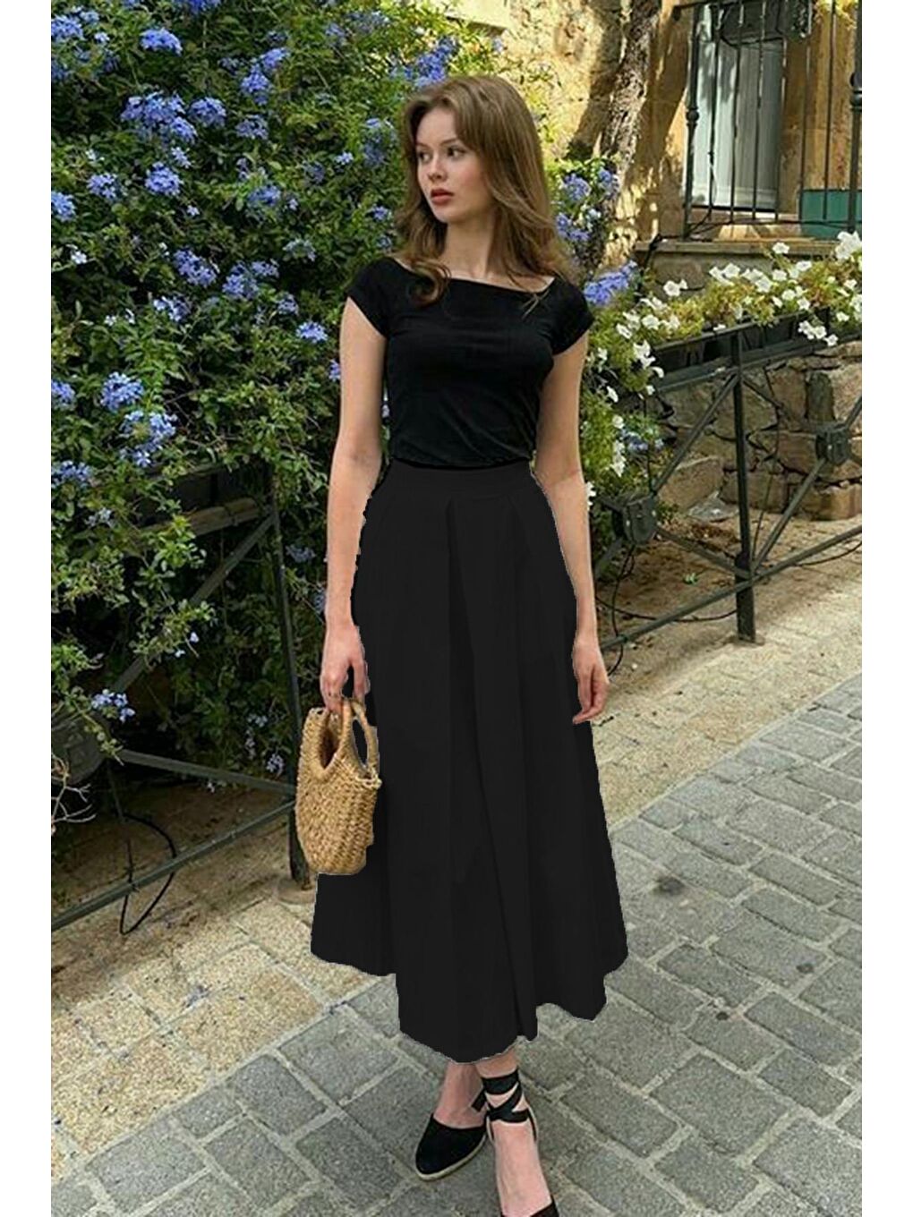 Siyah Pileli Cepli Kadın Midi Boy Etek Mg2536-9