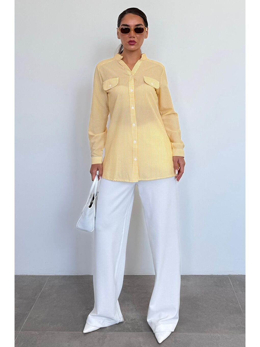 Sarı Çizgili Gofre Kumaş Kadın Oversize Gömlek Mg1666-1