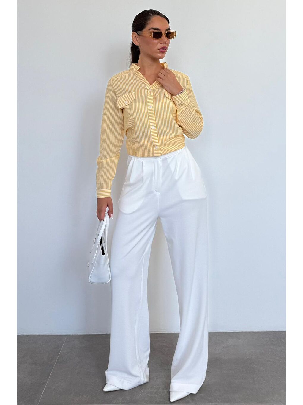 Sarı Çizgili Gofre Kumaş Kadın Oversize Gömlek Mg1666-2