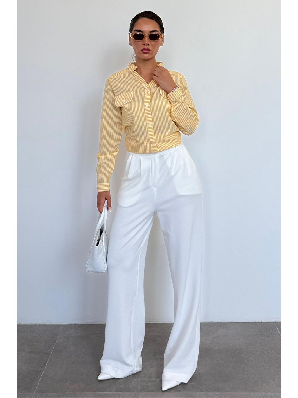 Sarı Çizgili Gofre Kumaş Kadın Oversize Gömlek Mg1666-3