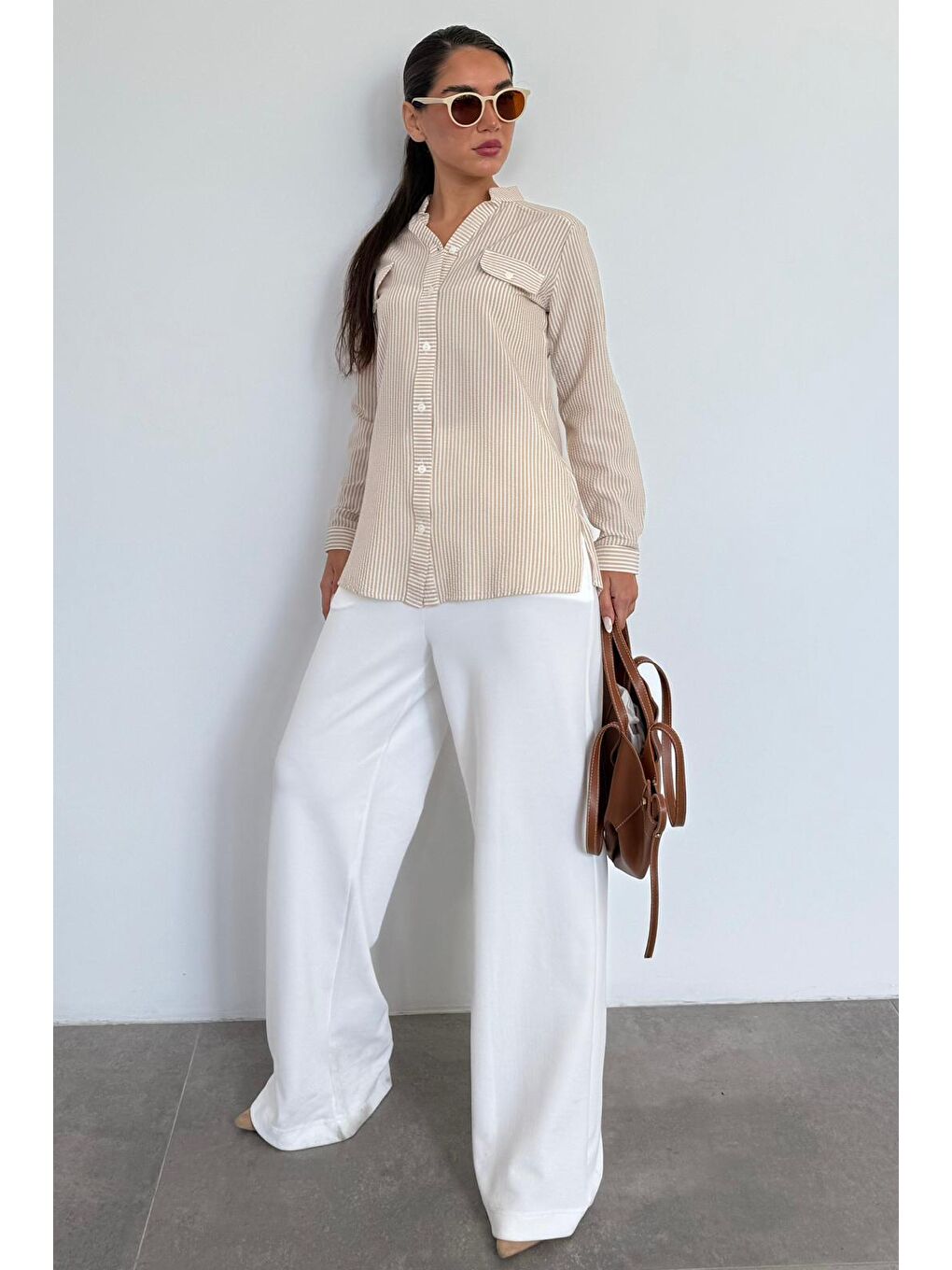 Bej Vizon Çizgili Gofre Kumaş Kadın Oversize Gömlek Mg1666-1