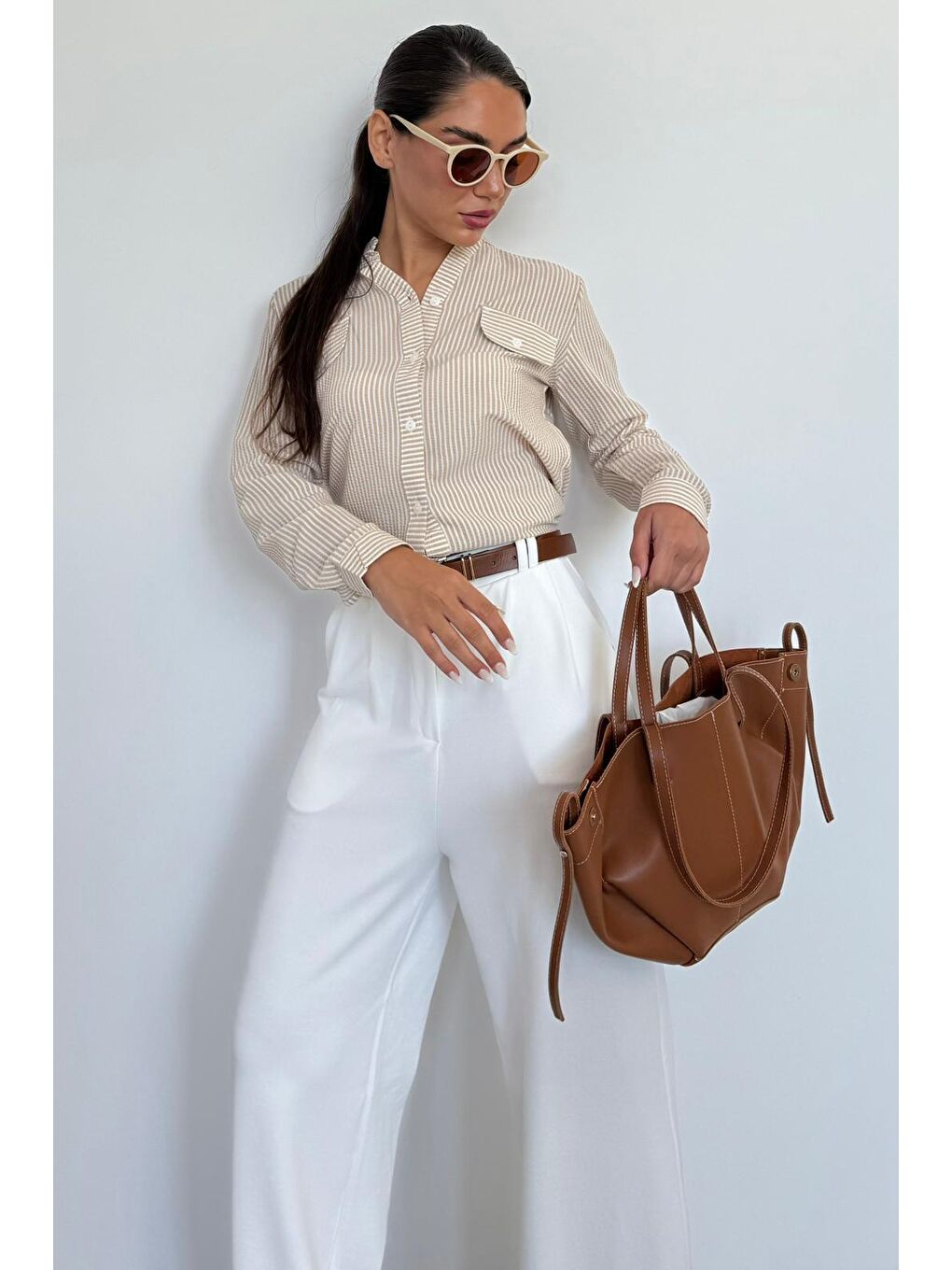 Bej Vizon Çizgili Gofre Kumaş Kadın Oversize Gömlek Mg1666-2