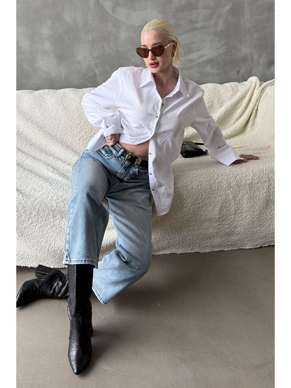 Beyaz Kırışık Desen Kadın Gömlek Mg2313-1