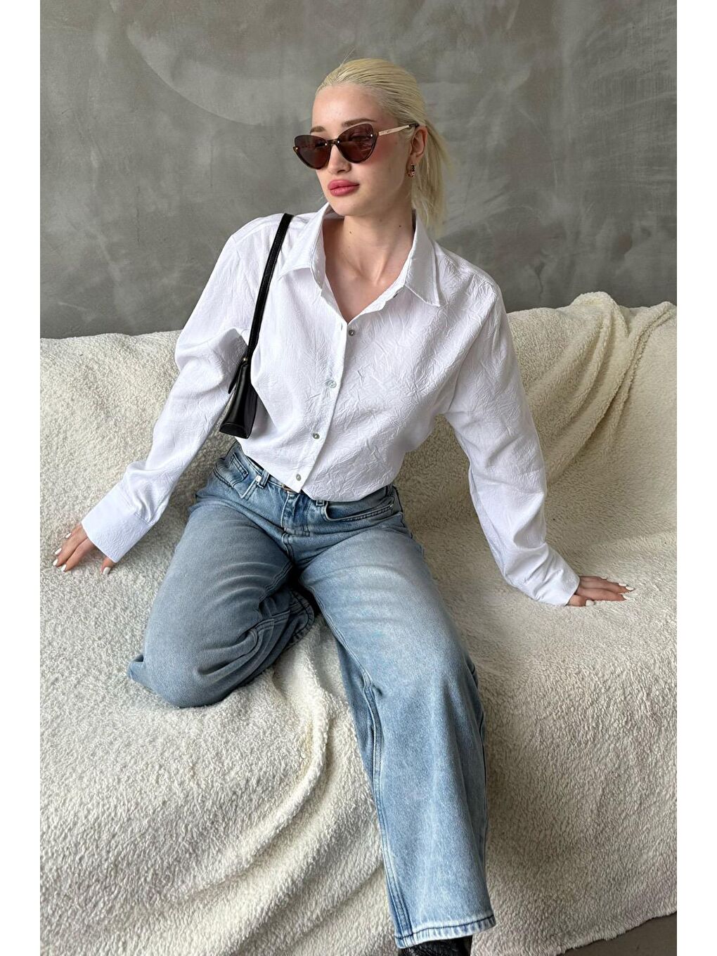 Beyaz Kırışık Desen Kadın Gömlek Mg2313-3