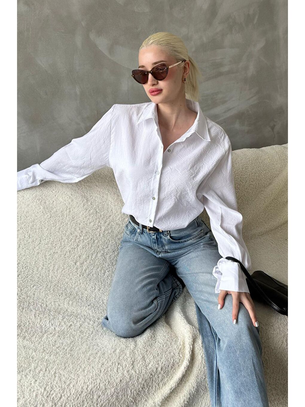 Beyaz Kırışık Desen Kadın Gömlek Mg2313-4
