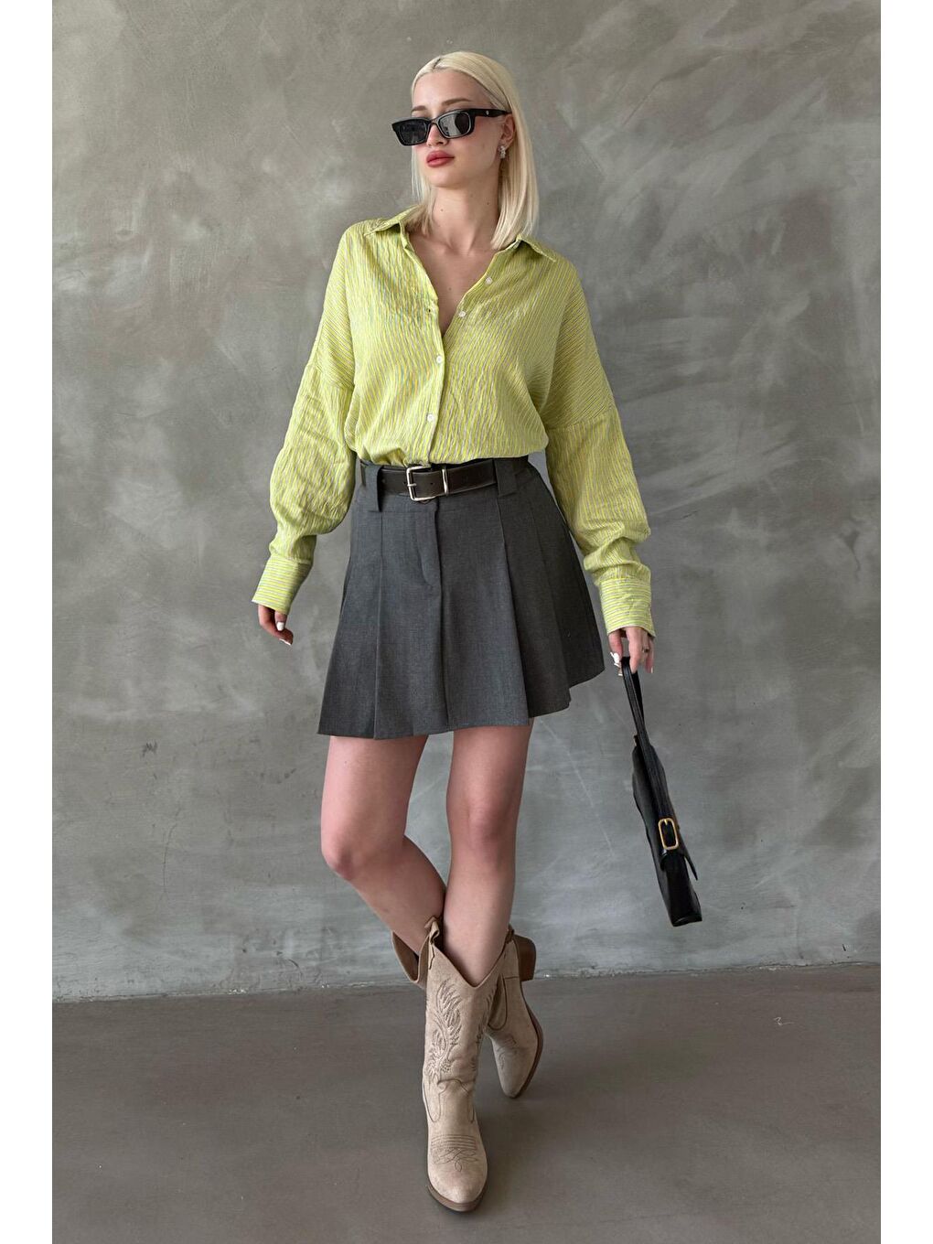 Sarı Çizgili Oversize Kadın Gömlek Mg2327