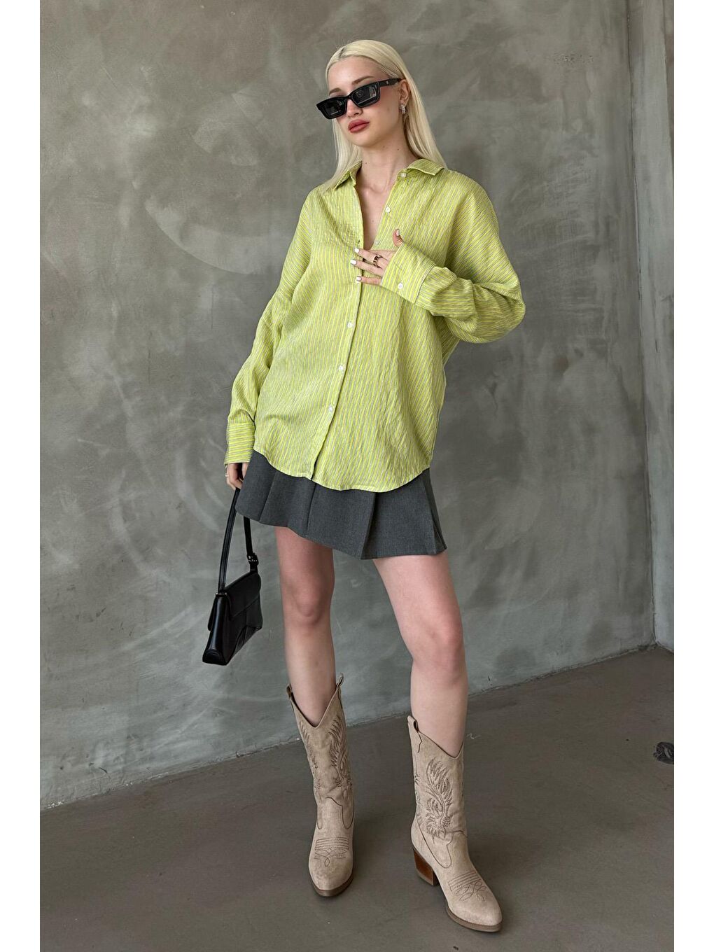Sarı Çizgili Oversize Kadın Gömlek Mg2327-1