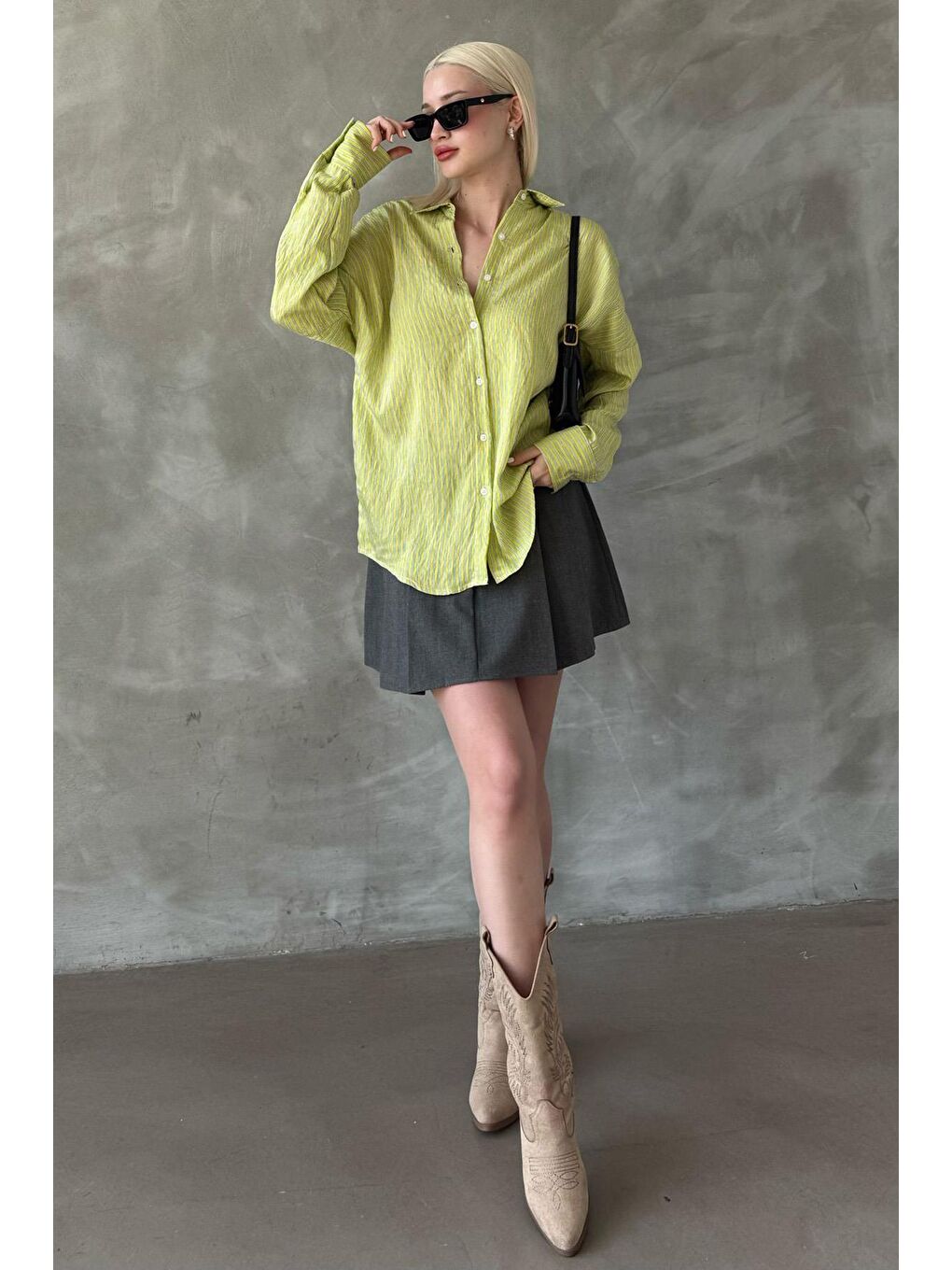 Sarı Çizgili Oversize Kadın Gömlek Mg2327-2