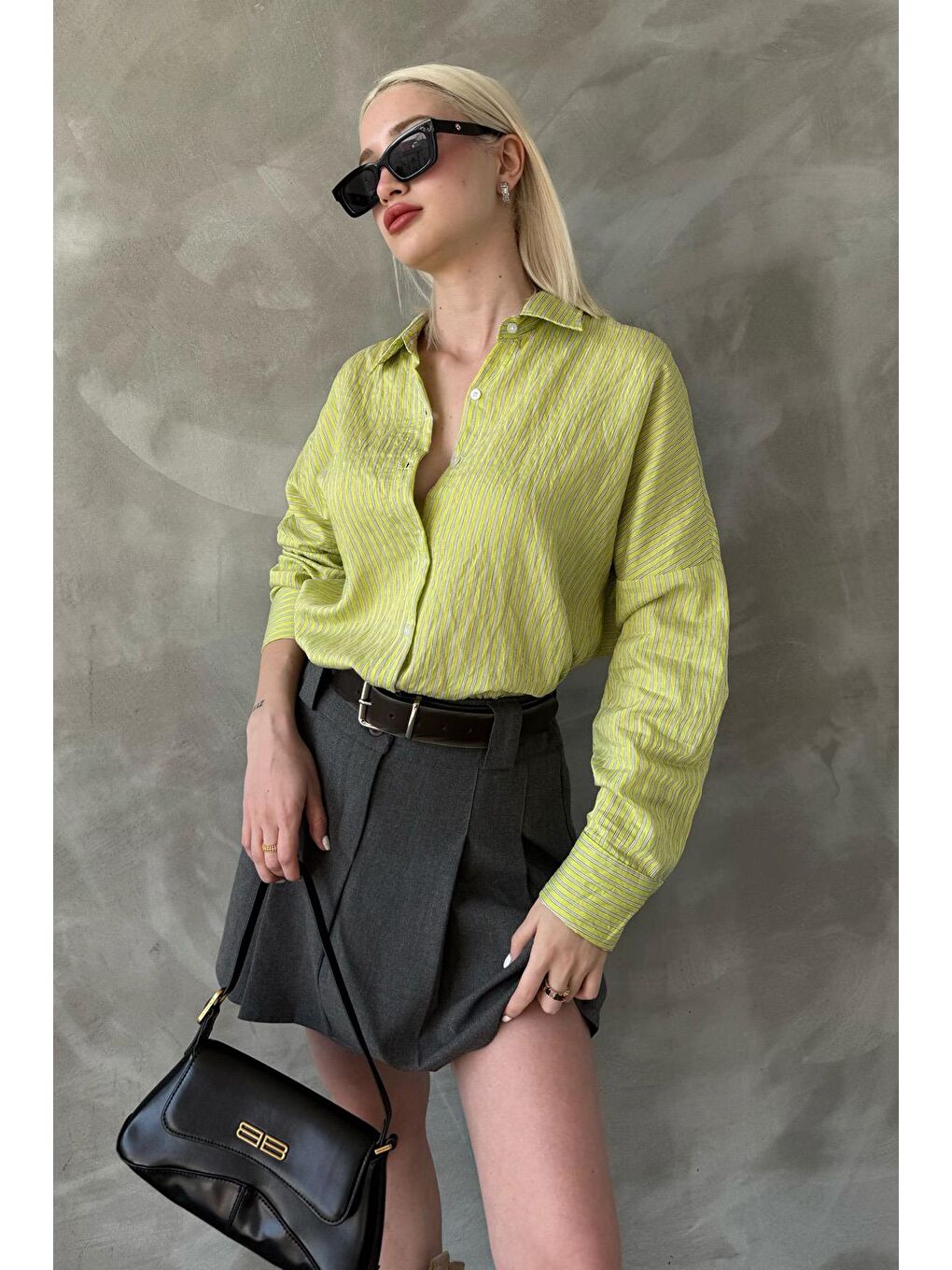 Sarı Çizgili Oversize Kadın Gömlek Mg2327-4