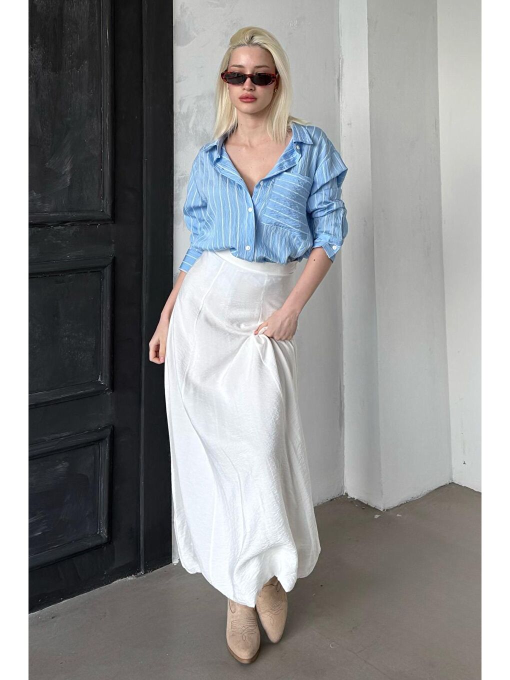 Mavi Çizgili Cepli Kadın Gömlek Mg2345