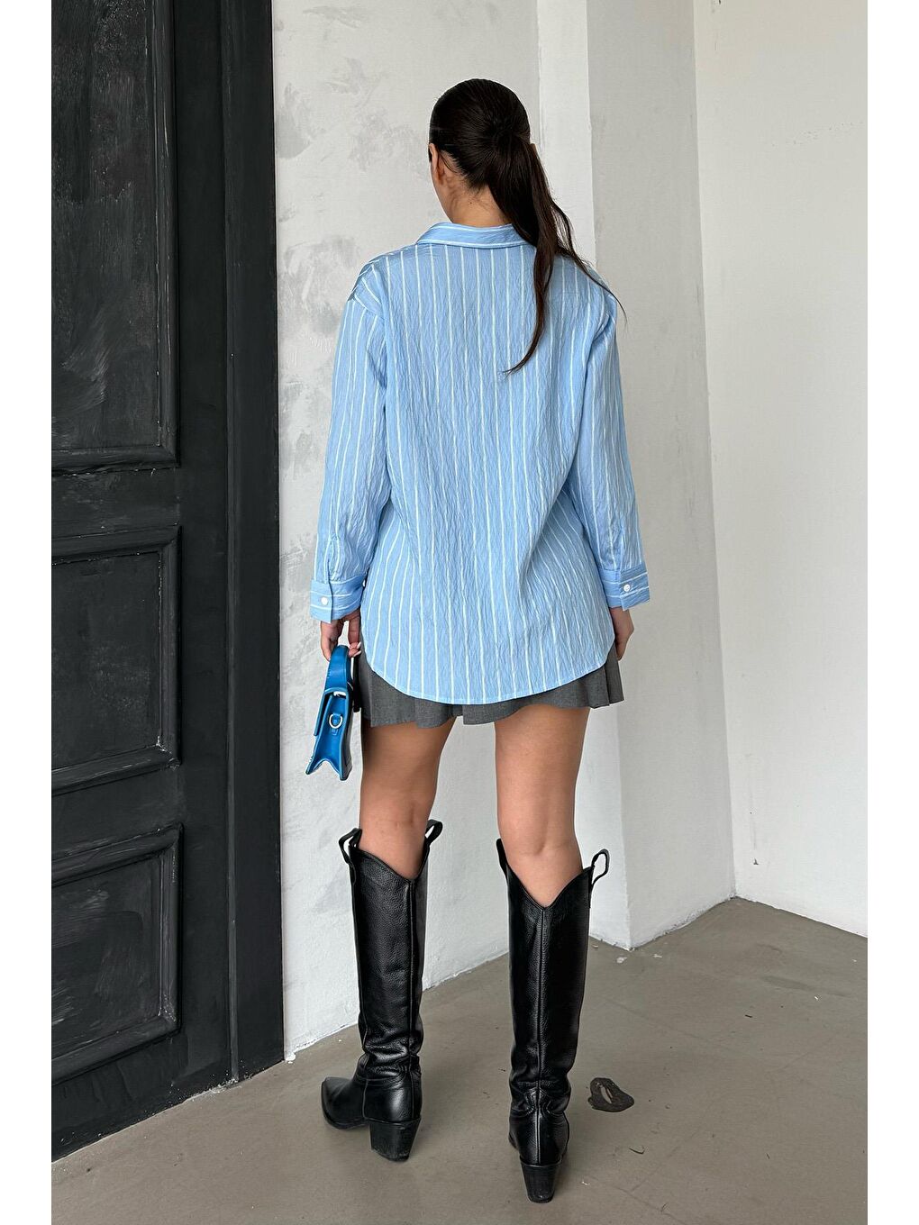 Mavi Çizgili Cepli Kadın Gömlek Mg2345-2