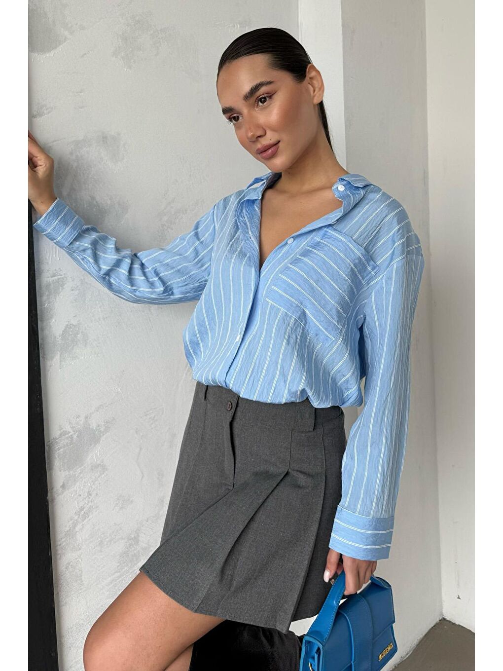 Mavi Çizgili Cepli Kadın Gömlek Mg2345-4