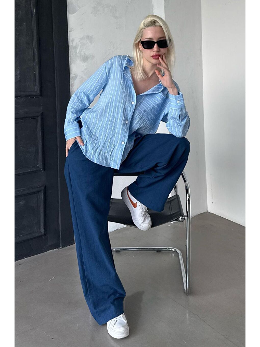 Mavi Çizgili Cepli Kadın Gömlek Mg2345-5