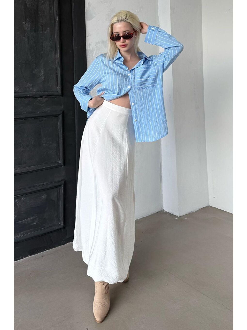 Mavi Çizgili Cepli Kadın Gömlek Mg2345-8