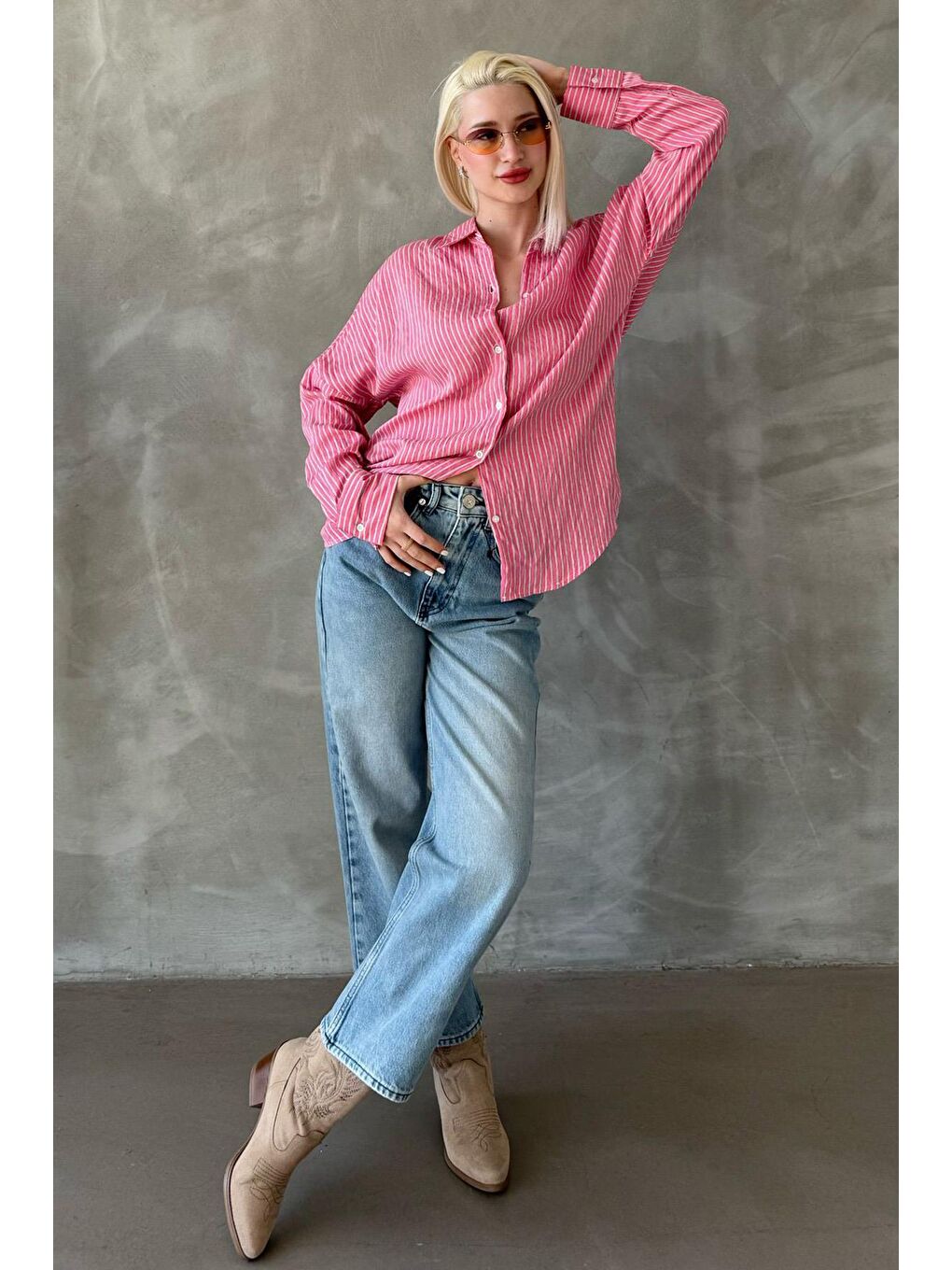 Pembe Çizgili Oversize Kadın Gömlek Mg2327
