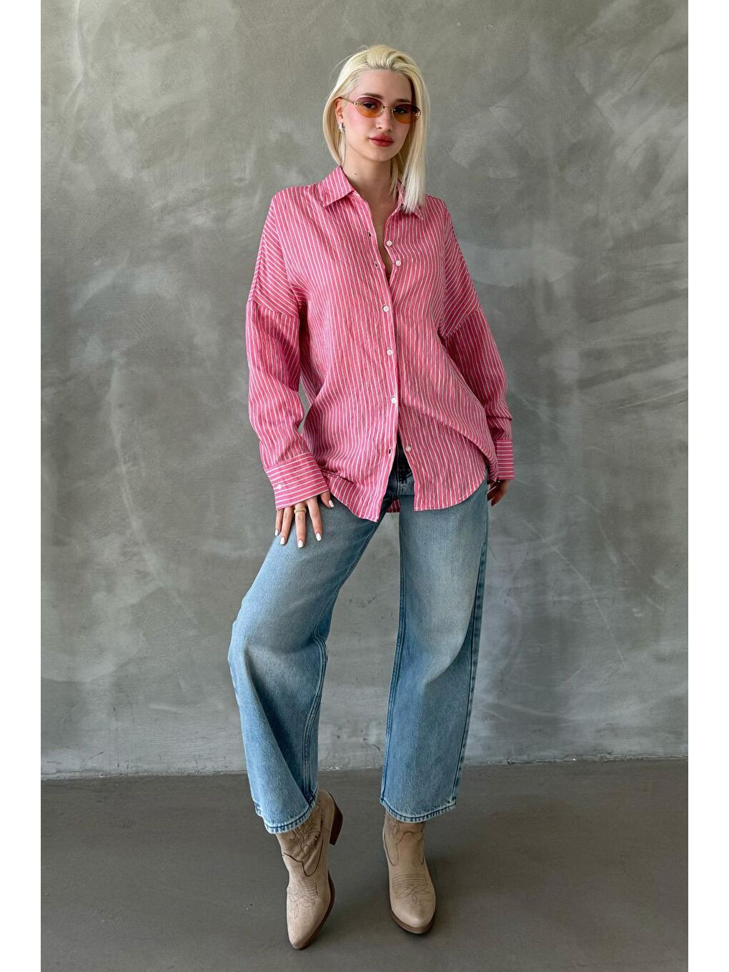Pembe Çizgili Oversize Kadın Gömlek Mg2327-1
